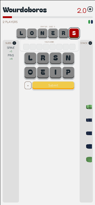 An in-round Wourdoboros game, spelling words from a shared pool of letter tiles