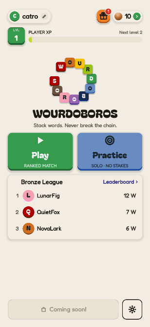 Wourdoboros main menu with Play and the Bronze League leaderboard